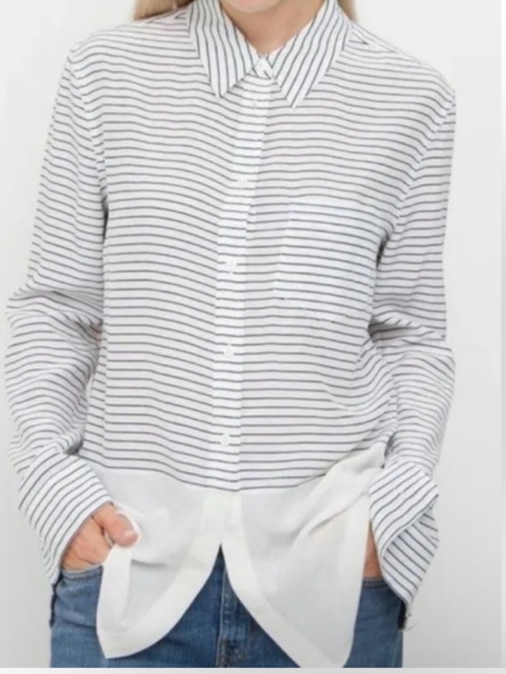 Equipment Femme Colorblock Striped Silk Button-Down Shirt | White Navy | Size M